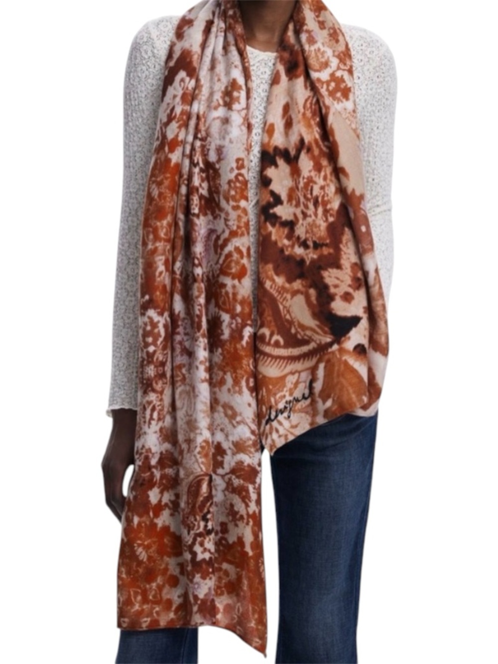 Desigual Orange and Cream Patterned Scarf